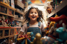 Small Child In An Extremely Positive Mood, Child Girl In A Toy Shop, Toys On The Shelves, Pipe Dream And Great Joy, Consumption And Childhood