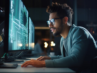 Young male programmer working on computer in start-up company