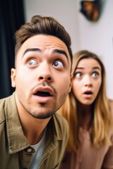 shot of a young man looking shocked while his girlfriend watches him the background