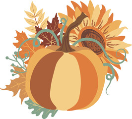Wall Mural - Autumn Pumpkins Sunflowers compositions isolated Vector illustration on white background