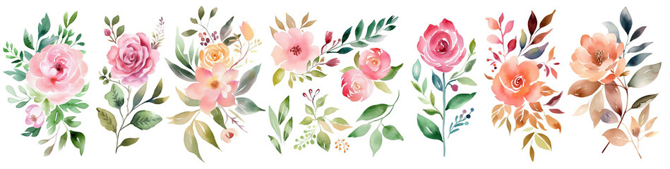 Wall Mural - Set of Hand painted, elegant watercolor flowers Beautiful, romantic hand painted , Watercolor blush floral clipart ,Botanical plant illustration transparent background, PNG ,Generative AI