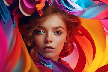 Artistic abstract collage portrait of young modern girl in vivid colors styling.