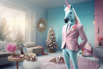 Unicorn preparing surprise for new year eve party. Patel color home with beautiful xmas decoration tree. Trendy interior style.