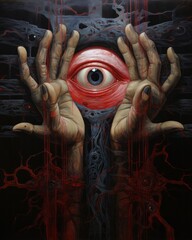 a painting of two hands holding a red eye, a surrealist painting