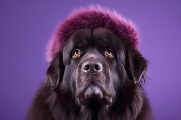 Full-length portrait photography of a cute newfoundland dog wearing a cool cap against a vibrant purple background. With generative AI technology