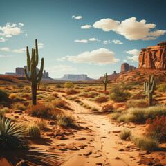 Sticker -  A serene desert landscape with cacti and sand dunes  
