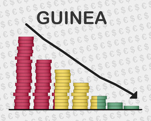 Guinea economic collapse, decreasing values with coins, crisis and downgrade concept