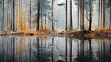 Fototapeta Sypialnia - watercolor autumn gray forest with reflection in water, calm background landscape soft color