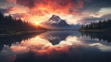 Fototapeta Natura - A mountain is reflected in the still water of a lake