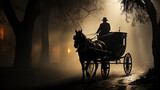Fototapeta Fototapeta Londyn - a cab a horse drawn carriage in the night fog detective old europe