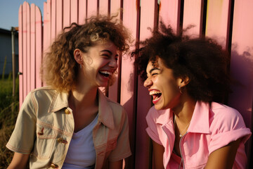 Two smiling female friends having fun outdoors