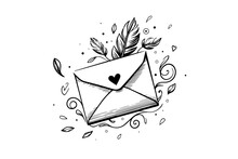 Envelope With Heart And Flower Hand Drawn Ink Sketch. Engraving Vintage Style Vector Illustration.