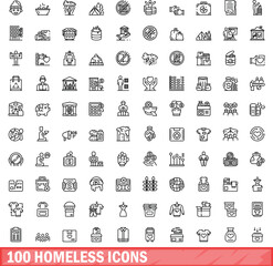 Sticker - 100 homeless icons set. Outline illustration of 100 homeless icons vector set isolated on white background