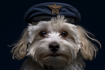 Wall Mural - headshot portrait photography of a funny havanese dog wearing a visor against a navy blue background