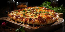 Pizza With Stretching Cheese On A Wooden Table On A Black Background