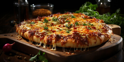 Pizza with stretching cheese on a wooden table on a black background