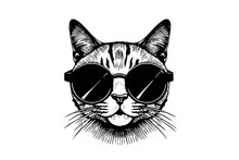 Cute Cat Head In Sunglasses Hand Drawn Ink Sketch Engraving Vintage Style.Vector Illustration.