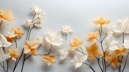 Wall Mural - white background with copy space yellow autumn leaves layer postcard.