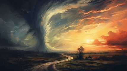 Wall Mural - drawing of a tornado on the road in a field sunset colors.