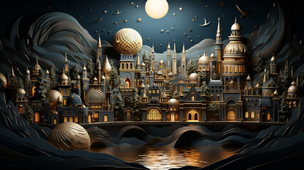 Wall Mural - golden arab palace greeting lights up at night fairy tale black background.