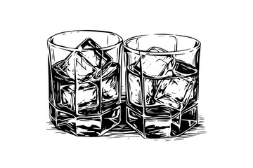 Glass of whiskey or bourbon hand drawn in sketch. Engraving style vector illustration.