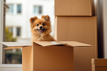 Poster - Dog in a box. The concept of relocation with pets