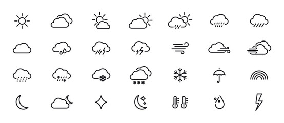 Wall Mural - weather linear icons. weather forecast. meteorological symbols. suny, cloudy, rainy, thunderstorm, w