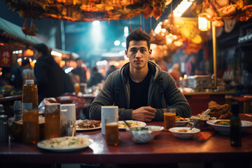 a young adult male at a table at a night market with street food and local restaurants in an asian country, fictional location