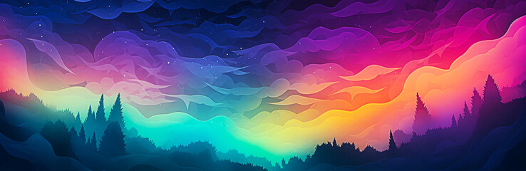 Wall Mural - Fantasy landscape with forest and mountains at sunset. Gradient illustration. Selective focus. 