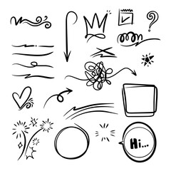 Hand drawn vector collection of diamonds, paper boats, paper boats, question marks, check marks and more.