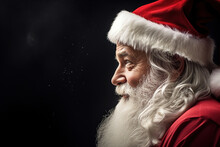 Santa Claus With Red Pointed Hat And White Gray Beard, Side Profile, Side View, Close-up, Black Background With Copy Space