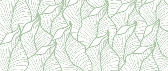 Wall Mural - Tropical green leaves wallpaper background, Luxury botanical nature design, golden leaf lines, Hand drawn outline fabric, print, cover, banner and invitation, fabric.