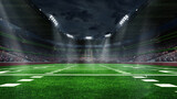 American football arena with yellow goal post, grass field and blurred fans at playground view. 3D render. Flashlights. Concept of outdoot sport, football, championship, match, game space