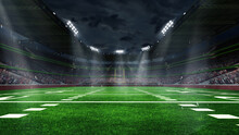 American Football Arena With Yellow Goal Post, Grass Field And Blurred Fans At Playground View. 3D Render. Flashlights. Concept Of Outdoot Sport, Football, Championship, Match, Game Space