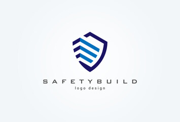 Wall Mural - Shield Security logo. Shield with building icon combination. Flat Vector Logo Design Template. vector illustration