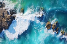 Aerial View Of Churning Waves In The Crystal-clear Waters Of Bali. Generative AI
