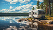 rv motorhome or trailer at lake by the shore, van life, beautiful landscape