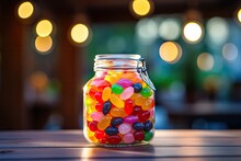 Jar Filled With Jelly Beans Under Soft, Diffused Lighting, Bokeh Background For A Dreamy Effect . Generative AI