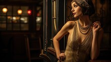 Model Donning A 1920s Flapper Dress, Set In An Old Speakeasy With Jazz Playing Faintly