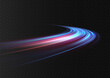 Blue glowing shiny speed lines effect vector background. Glowing speed lines. Light shining effect. Light trail wave, fire path trail line and filament curve rotation.