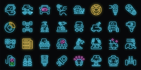 Wall Mural - Auto assembly icons set outline vector. Robot factory. Car industry neon color on black