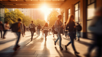 Students walking to class in a university or college environment. Moving crowd motion blurred background. 