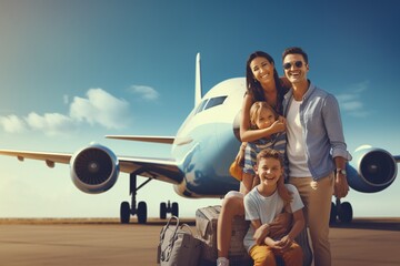 Wall Mural - A family with a son and daughter happily travels on a big plane for a summer family vacation and family bonding. family concept.