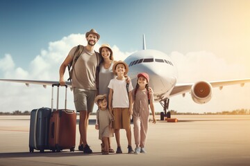 Wall Mural - A family with a son and daughter happily travels on a big plane for a summer family vacation and family bonding. family concept.