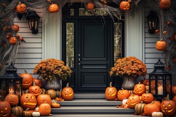 Halloween pumpkins decorated front door