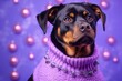Conceptual portrait photography of a cute rottweiler wearing a festive sweater against a lilac purple background. With generative AI technology