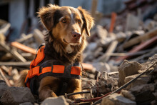 Search Dog Rescuer In A Signal Vest Looking For People Under The Rubble Of A Collapsed Building