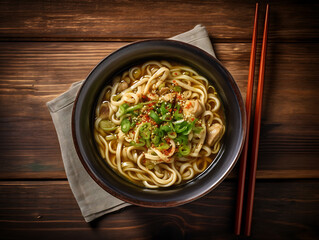 Wall Mural - Udon noodle soup on old wooden background. Rustic style. 