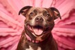 Close-up portrait photography of a smiling staffordshire bull terrier wearing a fairy wings against a coral pink background. With generative AI technology