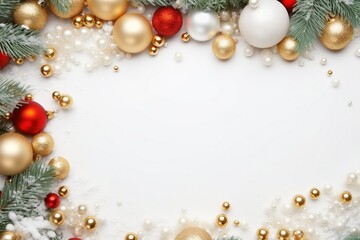 Christmas frame of spruce, red & gold christmas decorations on white background. Copy space. New Year lights. Flat lay. generative ai.